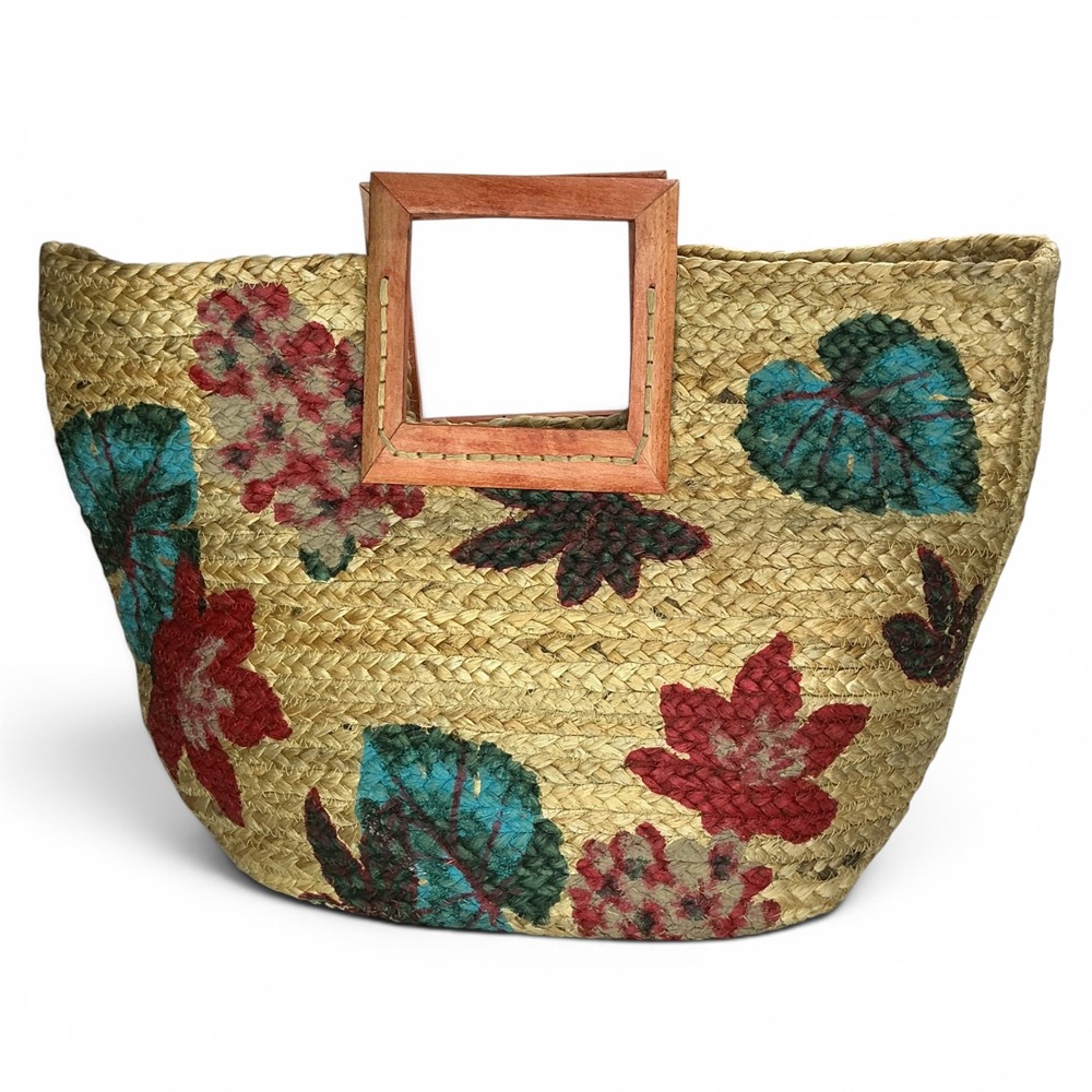 Antik Kraft Tan Floral Jute Tote Bag Women Large Woven Wood Handle Straw Shopper - Picture 6 of 16
